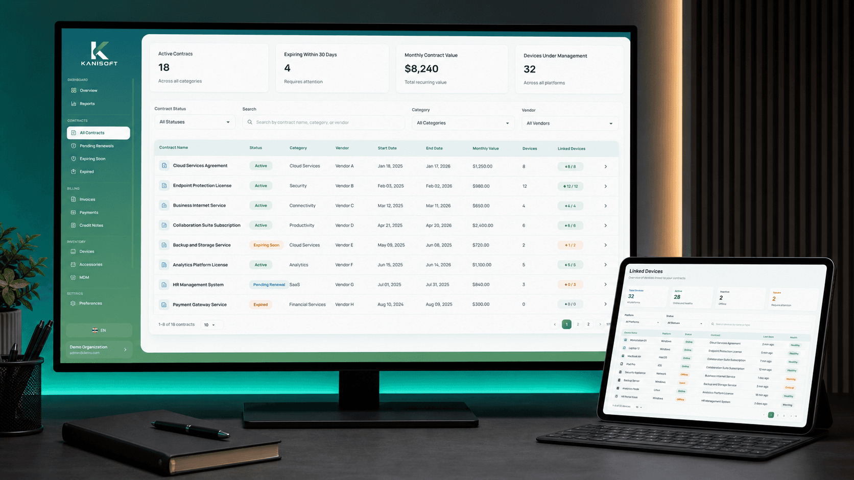 UI mockup Dashboard ระบบจัดการสัญญาและสถานะอุปกรณ์