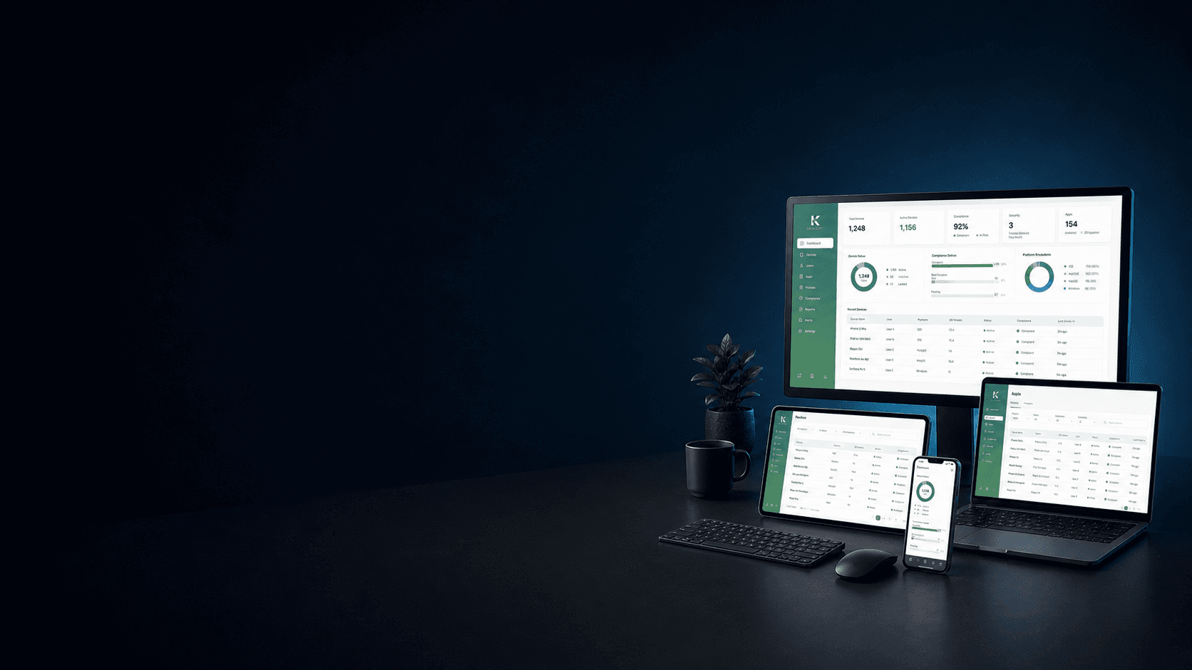 ภาพ UI mockup ระบบจัดการ MDM บนคอมพิวเตอร์ แท็บเล็ต และโทรศัพท์